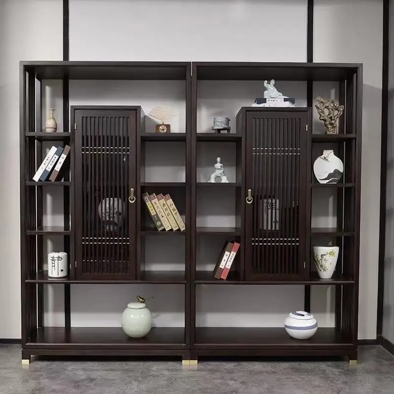 New Chinese style solid wood study, living room, floor, bookshelf, lightweight luxury display cabinet