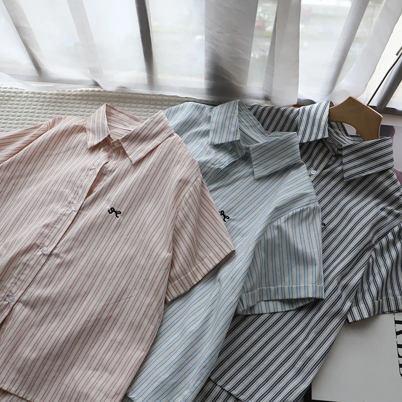 

Retro Striped Short Sleeve Women's Shirt Summer New Knot Embroidery Loose Collar Elegant Top Cotton Material