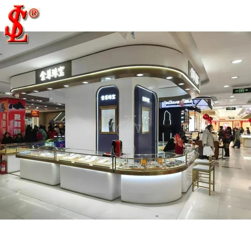 custom.Luxury Metal Stainless Steel Jewelry Kiosk Interior Design Jewelry Display Cabinet Lockable Glass Jewelry Cases showcase