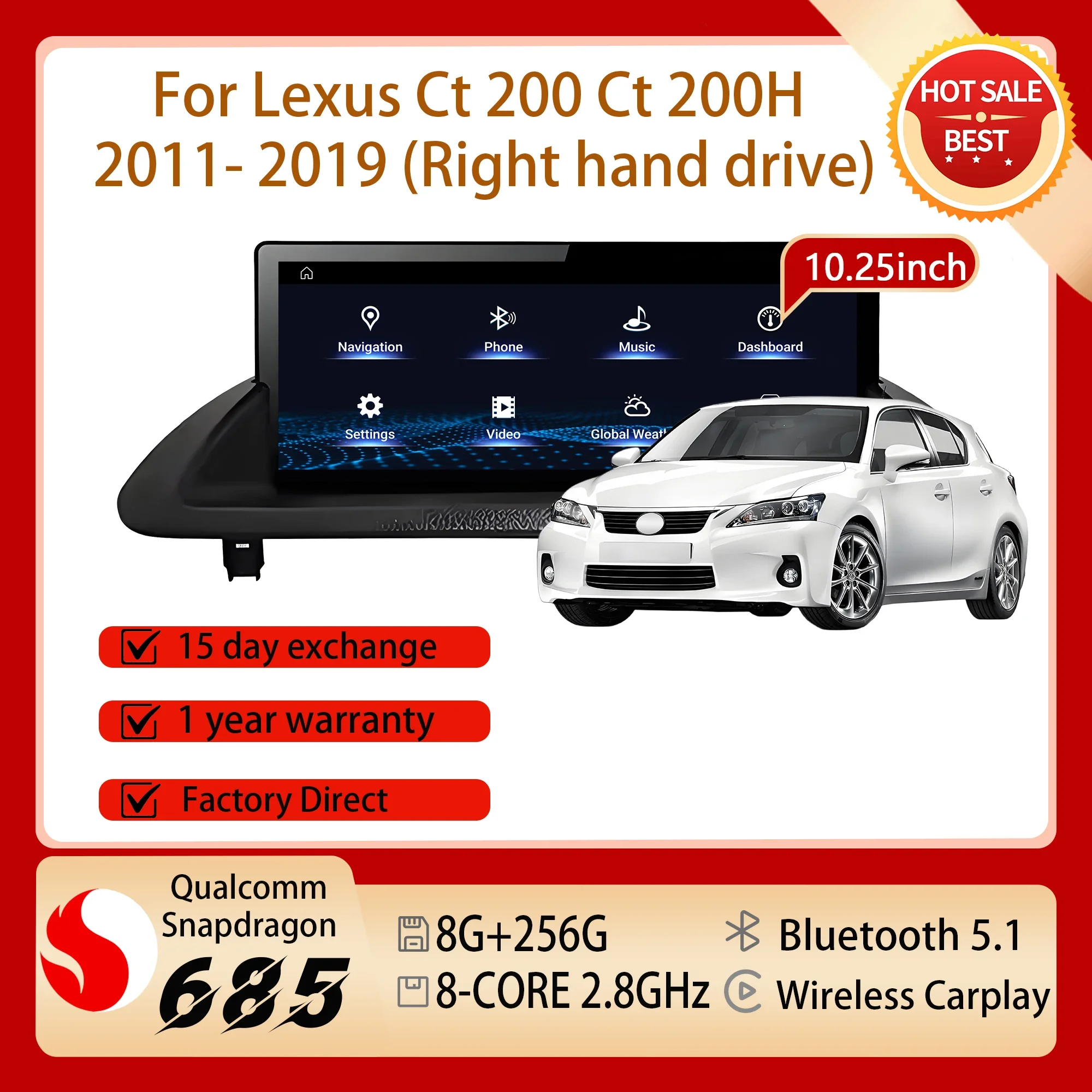 10.25 inch Right Hand Drive For Lexus Ct 200 Ct 200H 2011- 2019 Carplay Car Radio Android 14 Snapdragon 680 Split Screen GPS BT