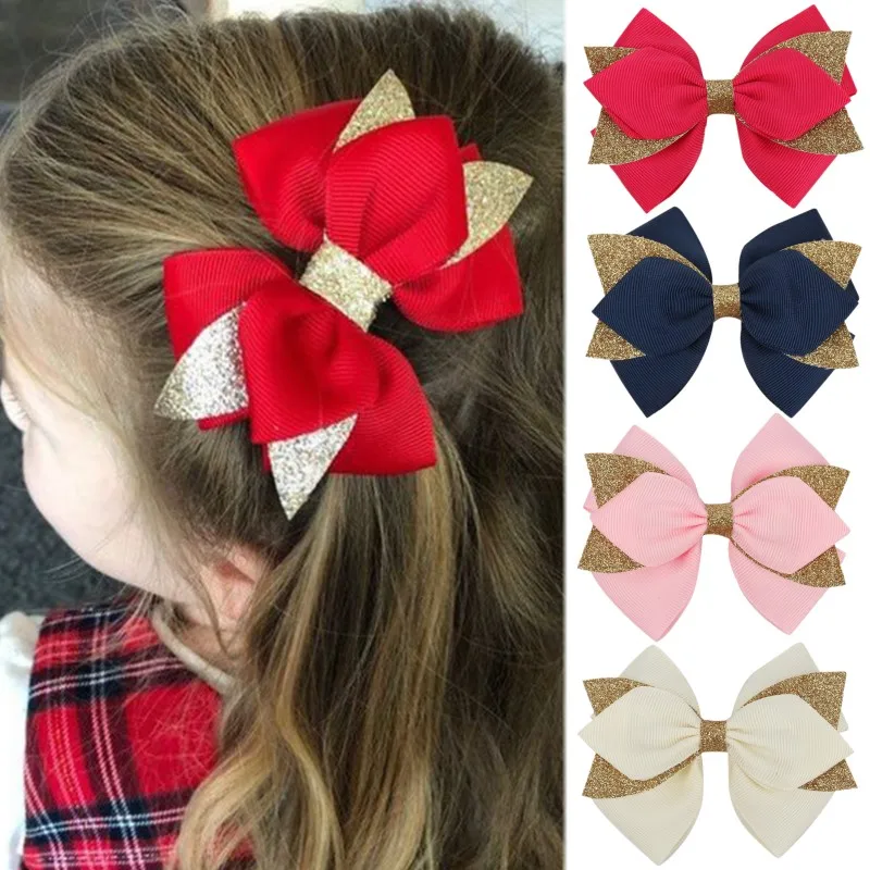 4inch 1/2Pcs Glitter Bow Hair Clips For Girls Boutique Hairgrips Solid Grosgrain Ribbon Hairpins Kids Hair Accessories Headdress