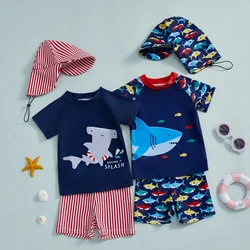 3Pcs Baby Boy Bathing Suit Summer Swimsuit Bikini Set Cute Shark Print Short Sleeve Rash Guard Swim Top Shorts Sun Hat Beachwear