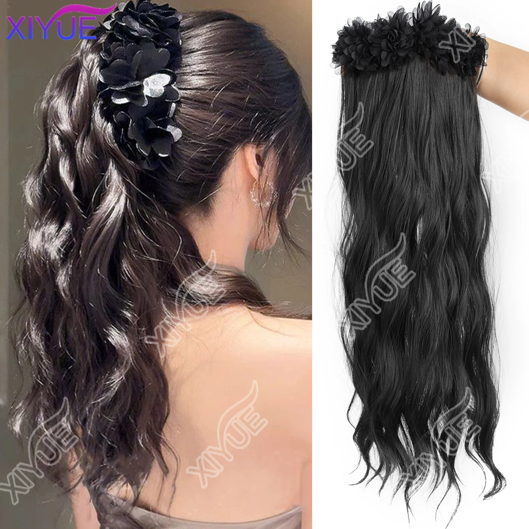 

XIYUE Synthetic Long Curly Wig Claw Clip Fluffy Flower Clip in Ponytail Wig Red Black Wig Hair Clip Hair Accessories