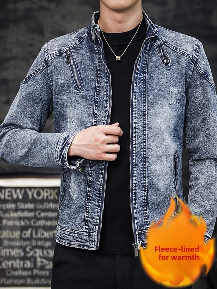

Мужская утепленная джинсовая куртка на флисовой подкладке, осенне-зимняя, модная, в стиле ретро, для мотоциклистов, на молнии, с длинными рукавами