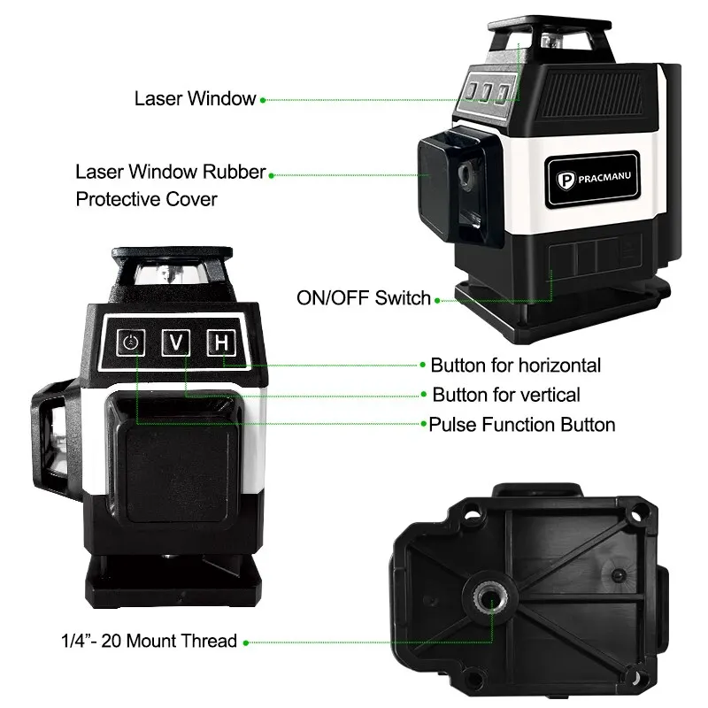 Pracmanu Mini 16 Lines Laser Level 4D Self-Leveling 360 Horizontal and Vertical Cross Green Line Laser Level with Remote Control