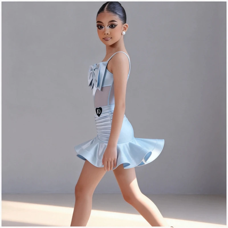 Kinder-Lateintanz-Performance-Kostüm-Set, Bodysuit mit Trägern und Schleife, Rock, Mädchen-Tanzkleidung, Mesh-Samt-Patchwork, Spaghetti-Träger