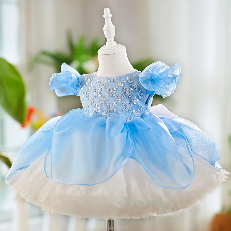 

Party Dress Blue Sweet Girls Tulle Princess Birthday Formal Evening Wear VestidoDresses Kids Flower Girl Wedding Gown Children