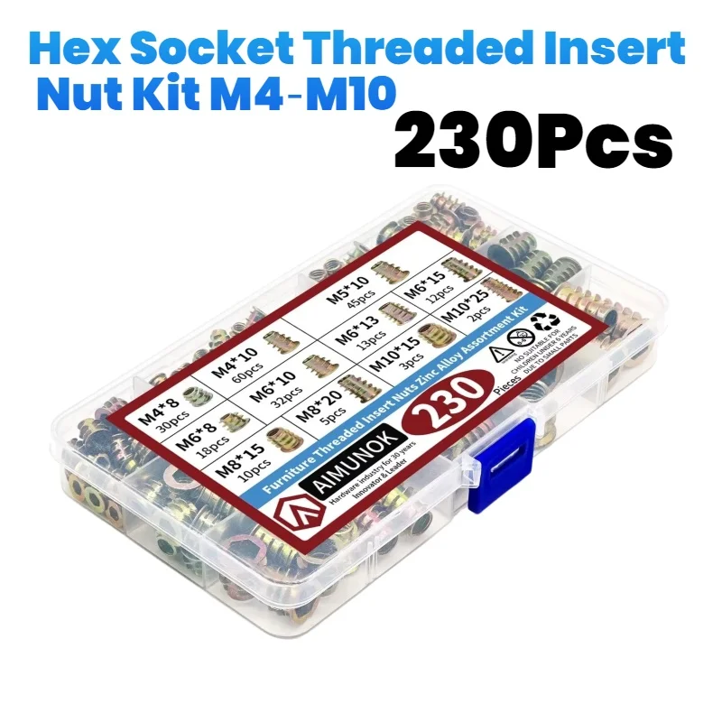 230Pcs Threaded Insert Nut Kit M4 M5 M6 M8 M10 Hex Socket E‑nut Carbon Steel for Wood Furniture Cabinet Bed Table Woodworking