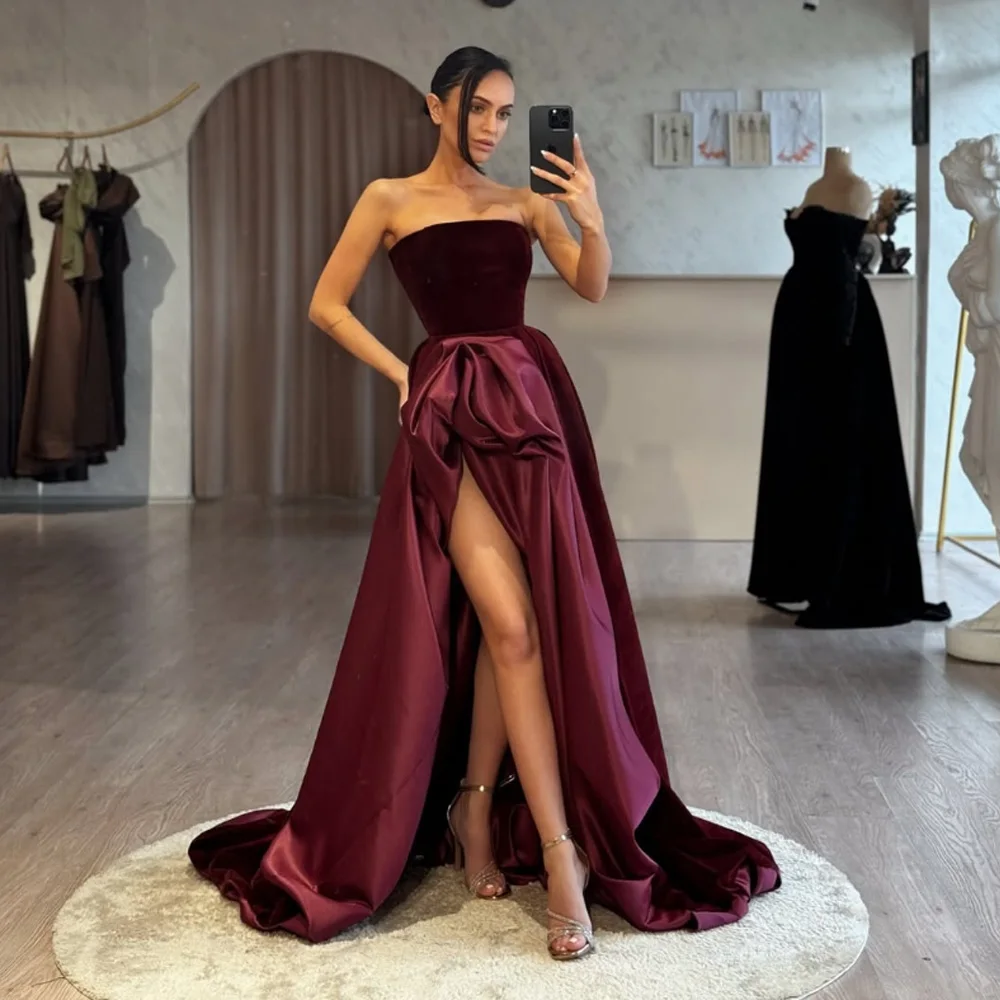

Customized Burgundy Strapless Velvet Bodice Prom Dress Satin Flared Skirt High Slit vestidos de noche Formal Evening