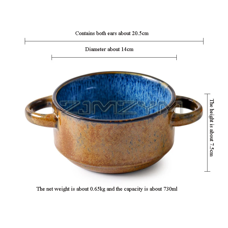 Ceramic Double Ear Bowl Retro Kiln Glaze Bowl Fruit Salad Bowl Steamed Egg Bowl Creative Home Multifunction Kitchen Home Bowl
