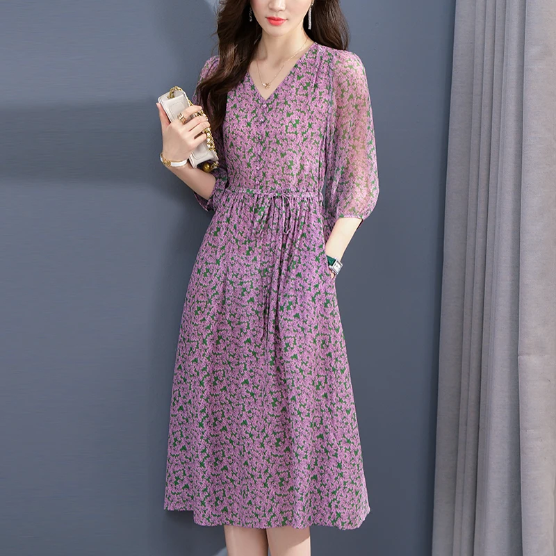 

100% Real Silk Women's Dresses Spring Summer Elegant V-neck Three Quarter Sleeve Print Long Midi Dress A-line Woman Beach Dress