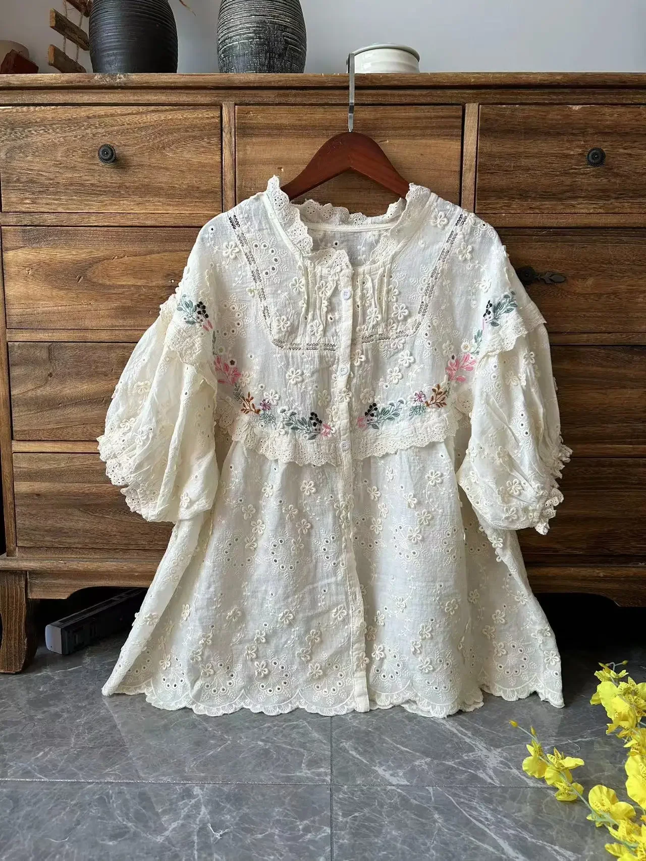 Summer Women Vintage Cotton Sweet Floral Embroidery Short Sleeve Shirt Retro Chic Ruffled Lace Cottagecore Rococo White Blouse