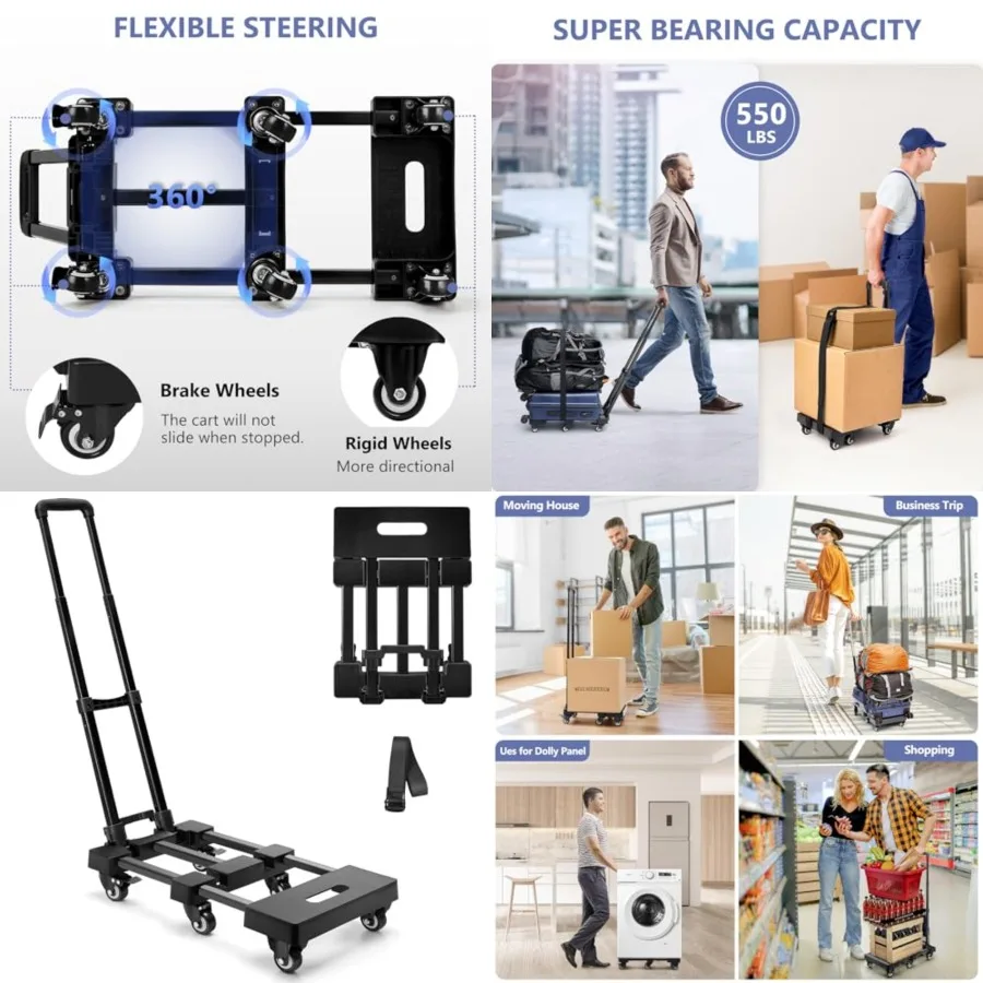 

550 LBS Folding Hand Truck with 6 Wheels 2 with Brake,Collapsible Dolly Cart with Wheels, Thickened Upgraded Steel Trolley Cart