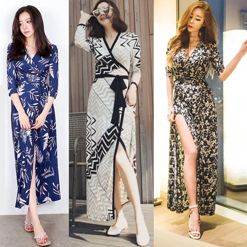 Spring Summer Vintage Bla White Print Wrap Dr Ele Long V Ne Piece Holiday Women's Dr Sweet n High Waist