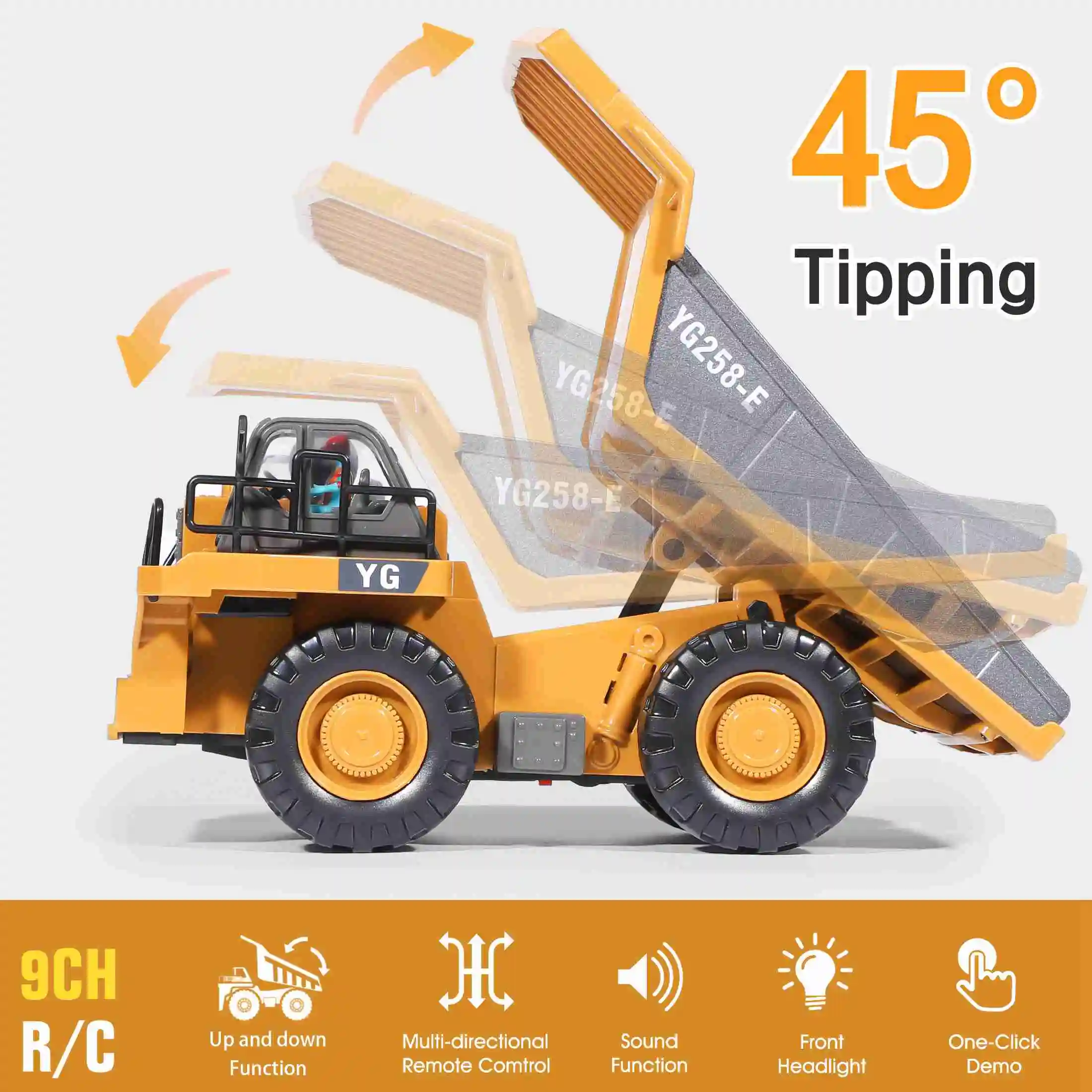 

9 Channel Dump Truck Toy Yellow Double Battery Remote Control Dump Truck with Light Sound for Present RC Dump Truck with Light