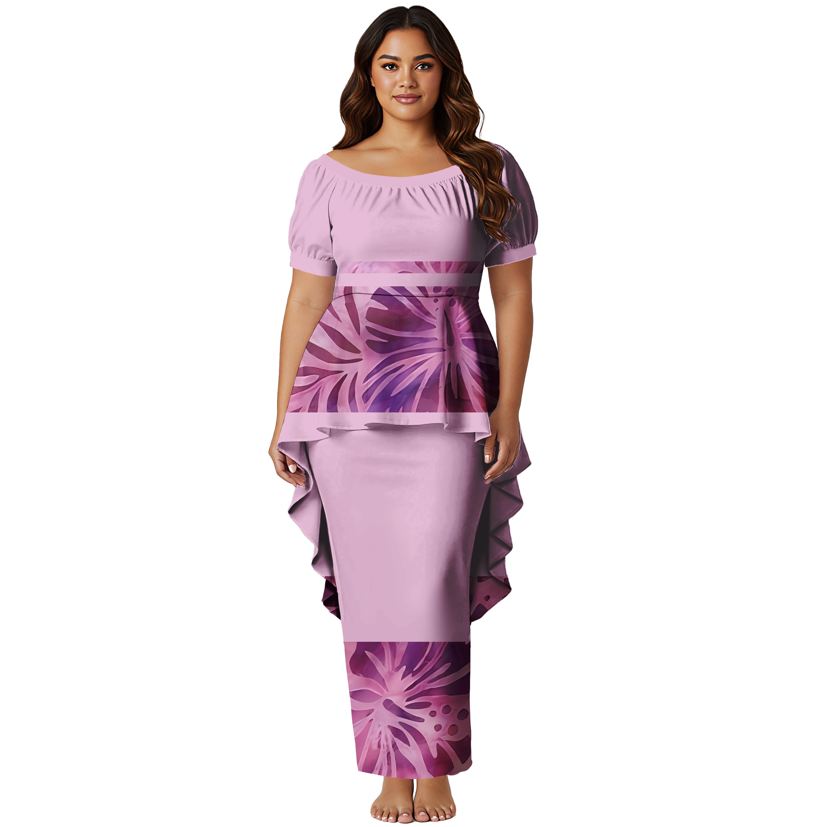 Custom Samoan Print Polynesian Swallowtail Hem Style Top and Skirt Large Size Ladies Long Puletasi Dress 2 Piece Set Outfits