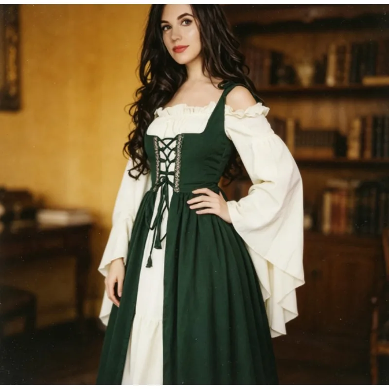 European American Square Neck Corset Dress Medieval Renaissance Gown Lace Up Vintage Halloween Costume