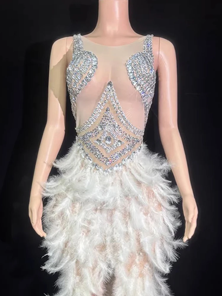 Hoge kwaliteit strass veer splitsen sexy elastische jurk 2025, nieuwe mode aangepaste dameskleding