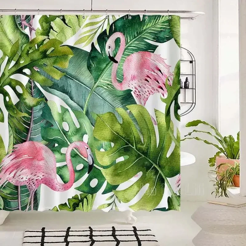 Tropical Plant Shower Curtain Pink Flamingos With Palm Leaves Creative Bathroom Decoration