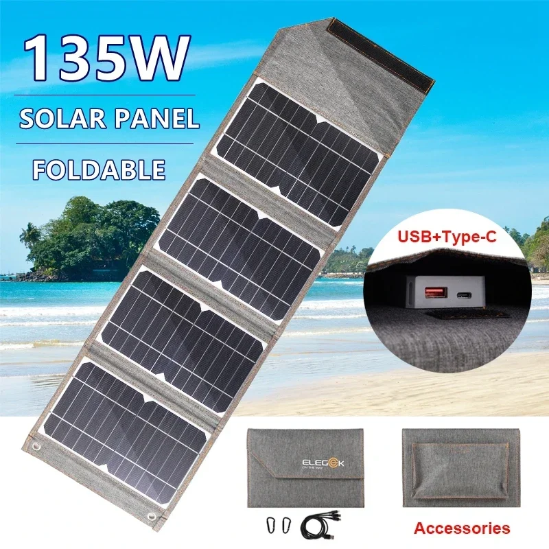 135W/110W Foldable Solar Panel USB Type-C 5V Solar Charger Portable Solar Cell Outdoor Phone Power Bank for Camping Hiking+Cable