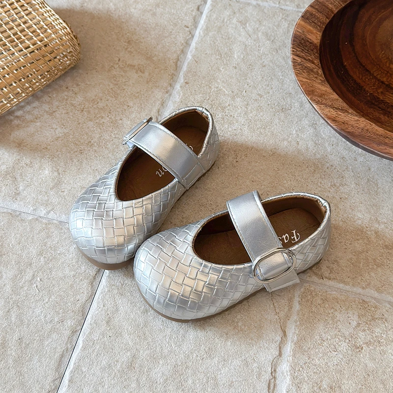 ids Woven Texture Mary Janes Single Circle Buckle Strap Soft Flat Non Slip Sole Three Tone Casual Princess Daily Dress Shoes