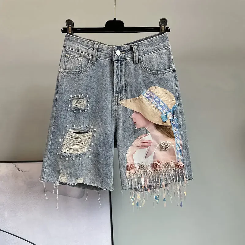 Dingzhu Tassel Denim Jeans High Waist Loose Wide Leg Five-Point Pants Women's Fashionable Versatile Summer New Arrival A638