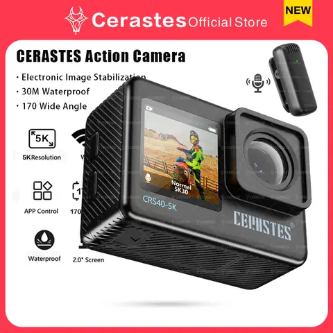 CERASTES 액션 카메라, 와이파이 손떨림 방지 듀얼 스크린, 170 ° 광각 30m 방수 스포츠 카메라, 리모컨 포함, 5K, 4K, 60FPS