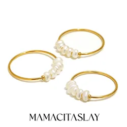 MamacitaSlay 316L Stainless Steel Small White Freshwater Pearl Ring 18K Gold Plated Waterproof Jewelry Women's Elegant Ring Gift