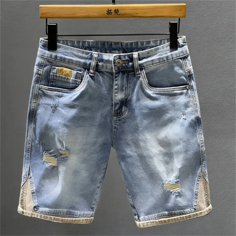 

2026 Retro Mens Denim Shorts Summer Distressed Ripped Jeans Casual Lightweight Stretch Shorts Fashion Five Point Pants
