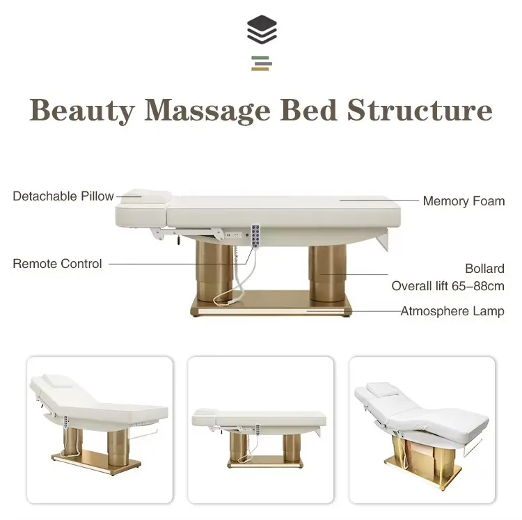 Luxury Salon Furniture White Gold Electric Facial Cosmetic Beauty Massage Bed Table