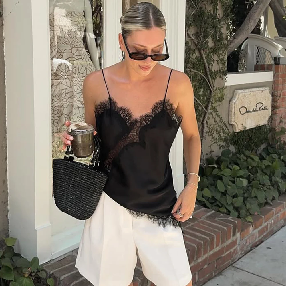 

Ticketsx Lace Patchwork Sling Vest Women's Sleeveless Off Shoulder Hollow Out V-Neck Slim Tops Lady Summer Holiday Beach Tops