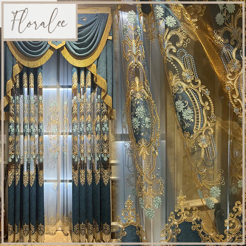 

Customized Blue Hollowed Out Embroidered Window Screen Of Villa Chenille Curtains For Living Room Bedroom French Window Balcony