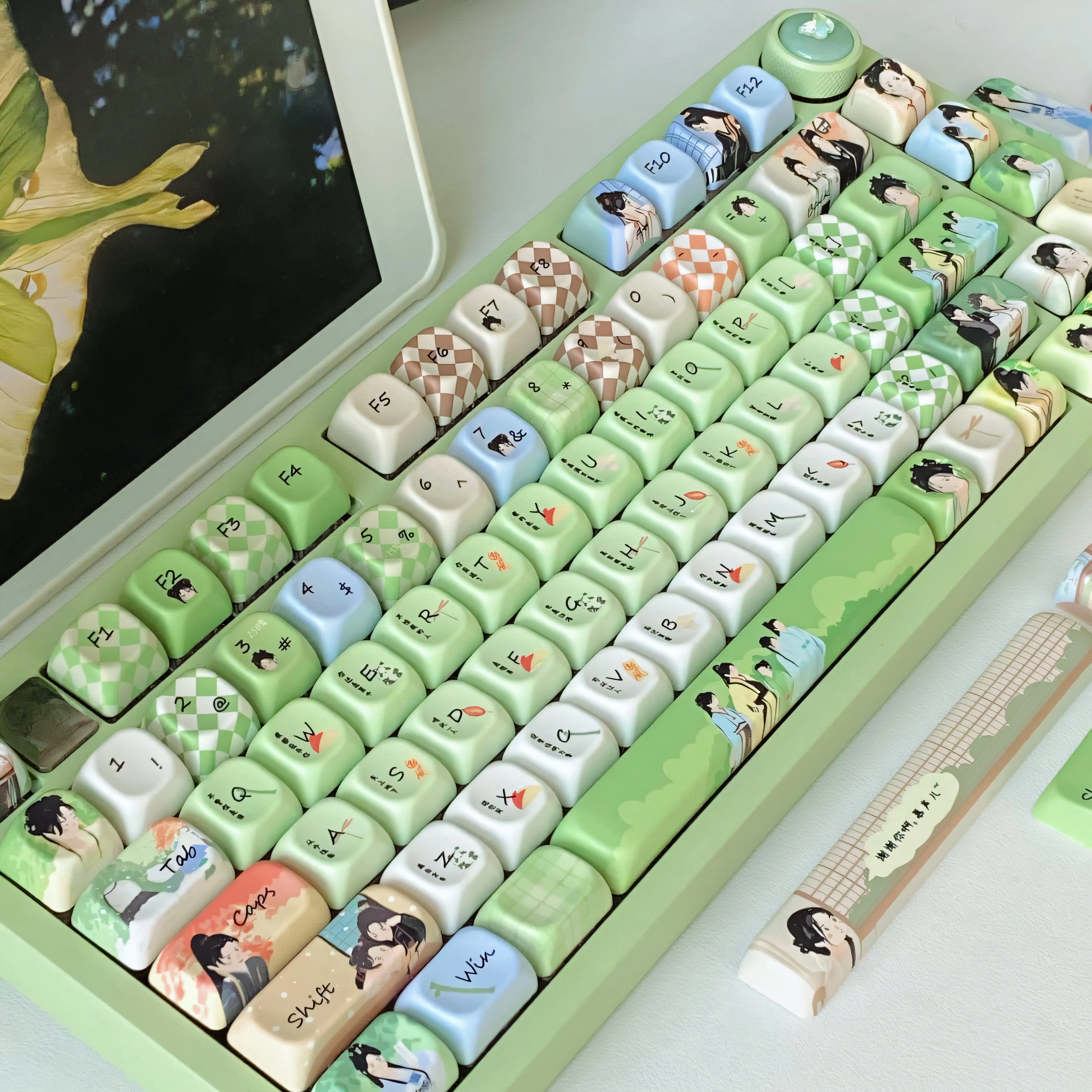 Green Keycaps Chinese Style Anime Theme 7U/2.25U/2.75U Space Bar L Shape Enter Key 141Keys Alice Layout Keycaps