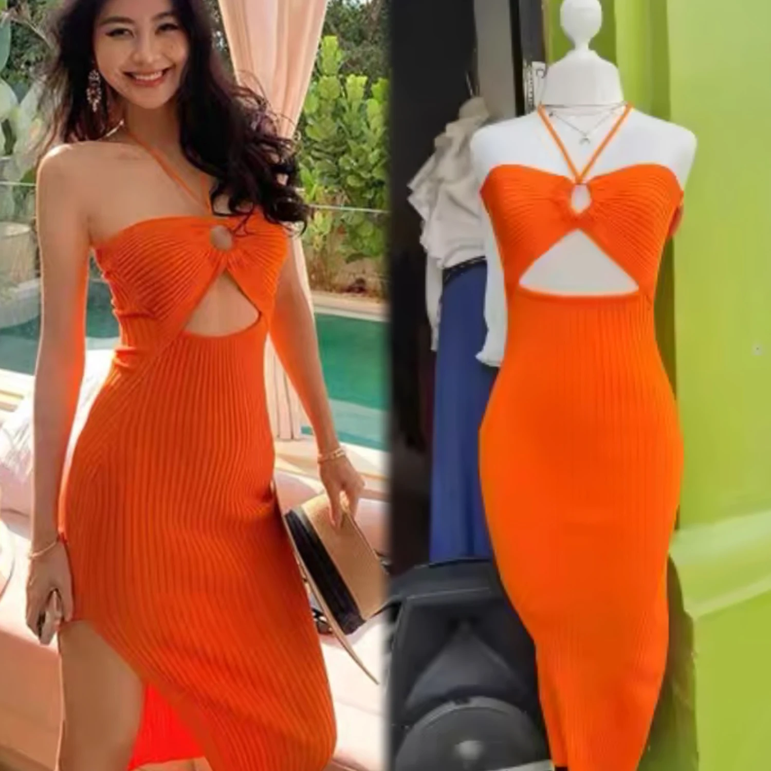 YuooMuoo Estilo de férias sexy envoltório quadris dividir vestido de verão de malha 2026 novo y2k halter magro longo bodycon vestido de festa praia robe