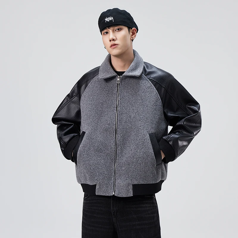 

Зимняя шерстяная университетская куртка с кожаными рукавами, мужская уличная одежда, утепленная свободная повседневная бейсбольная куртка, теплое пальто, верхняя одежда