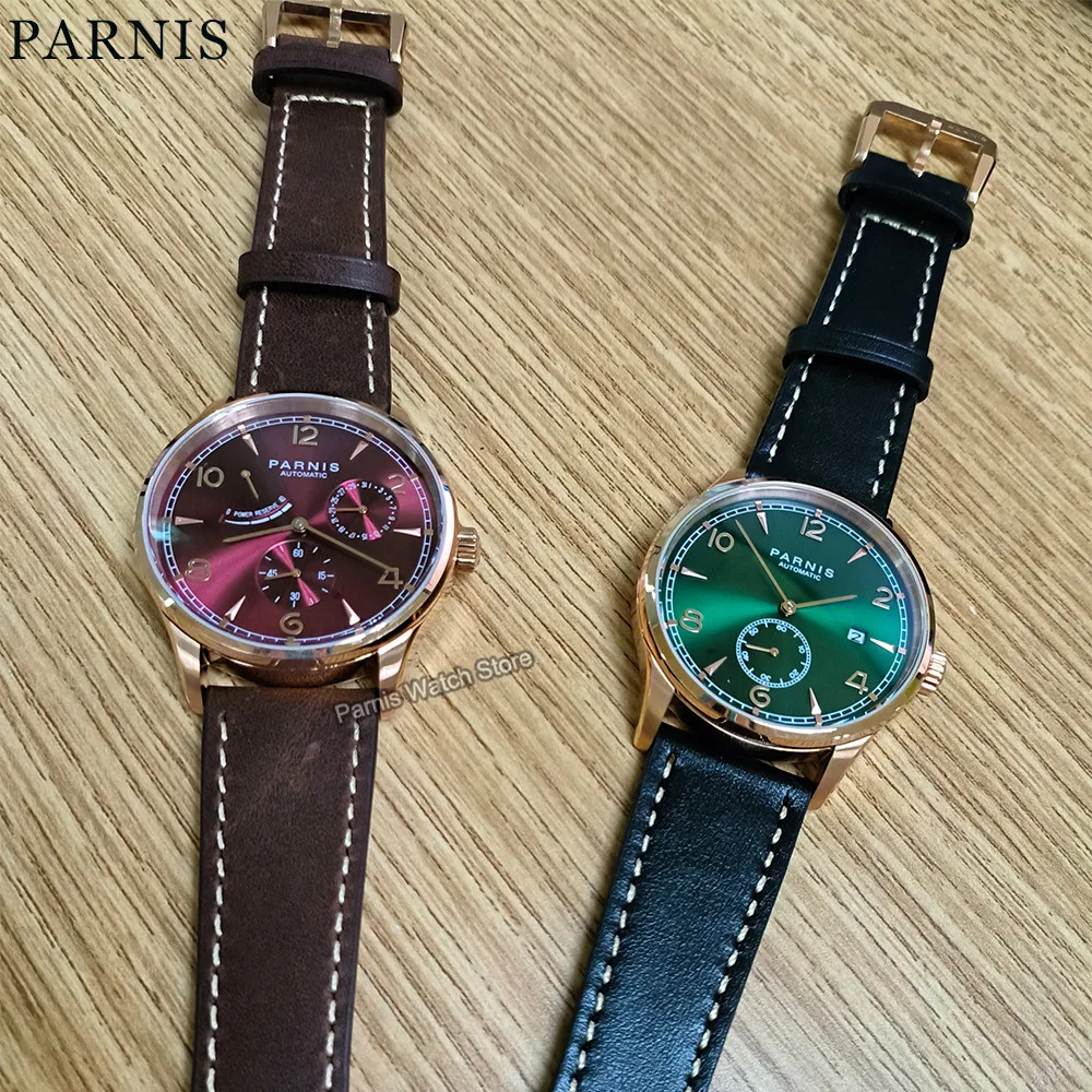 

Parnis 41.5mm Automatic Movement Men Rose Gold Case Casual Wristwatch Leather Strap