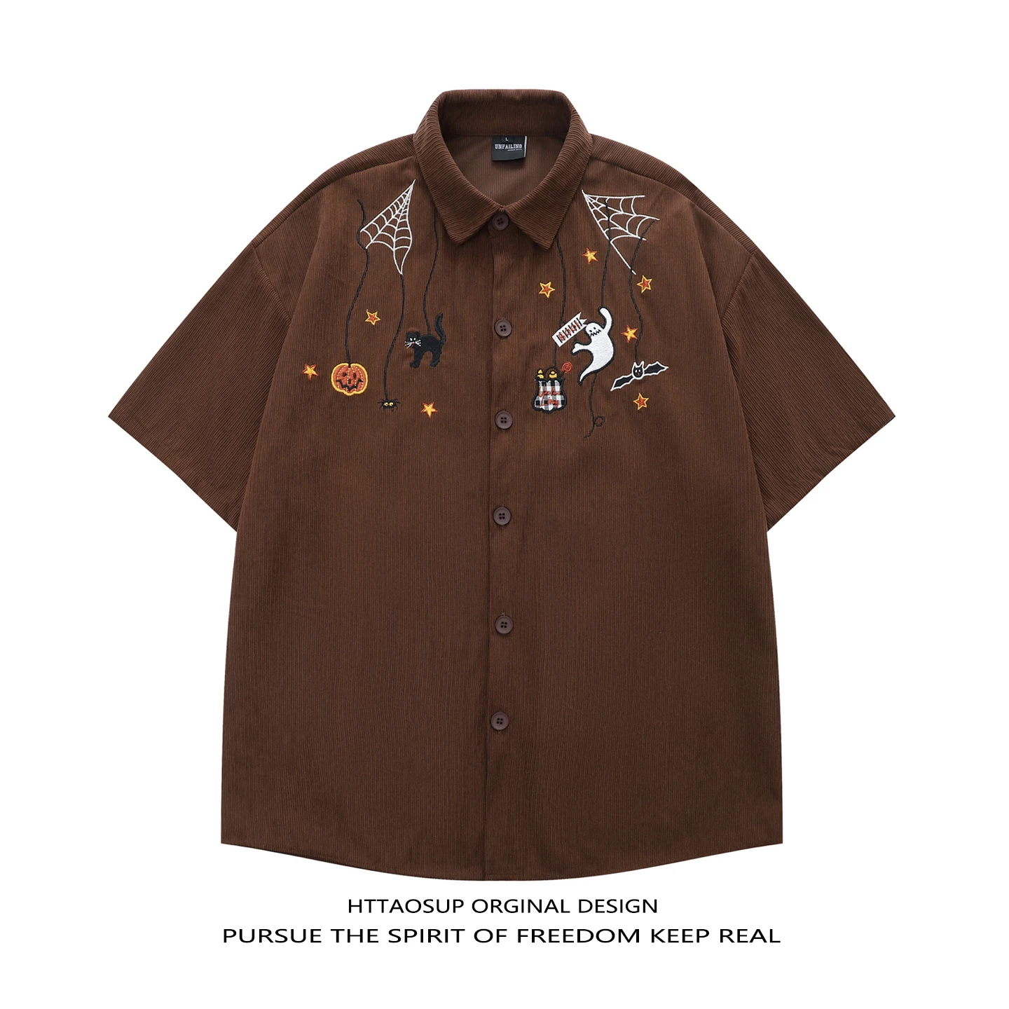 

HTTAOSUP Summer Casual Style Men's And Women's Loose Fit Embroidered Cactus Print Corduroy Short Sleeve Shirt Vintage Trend
