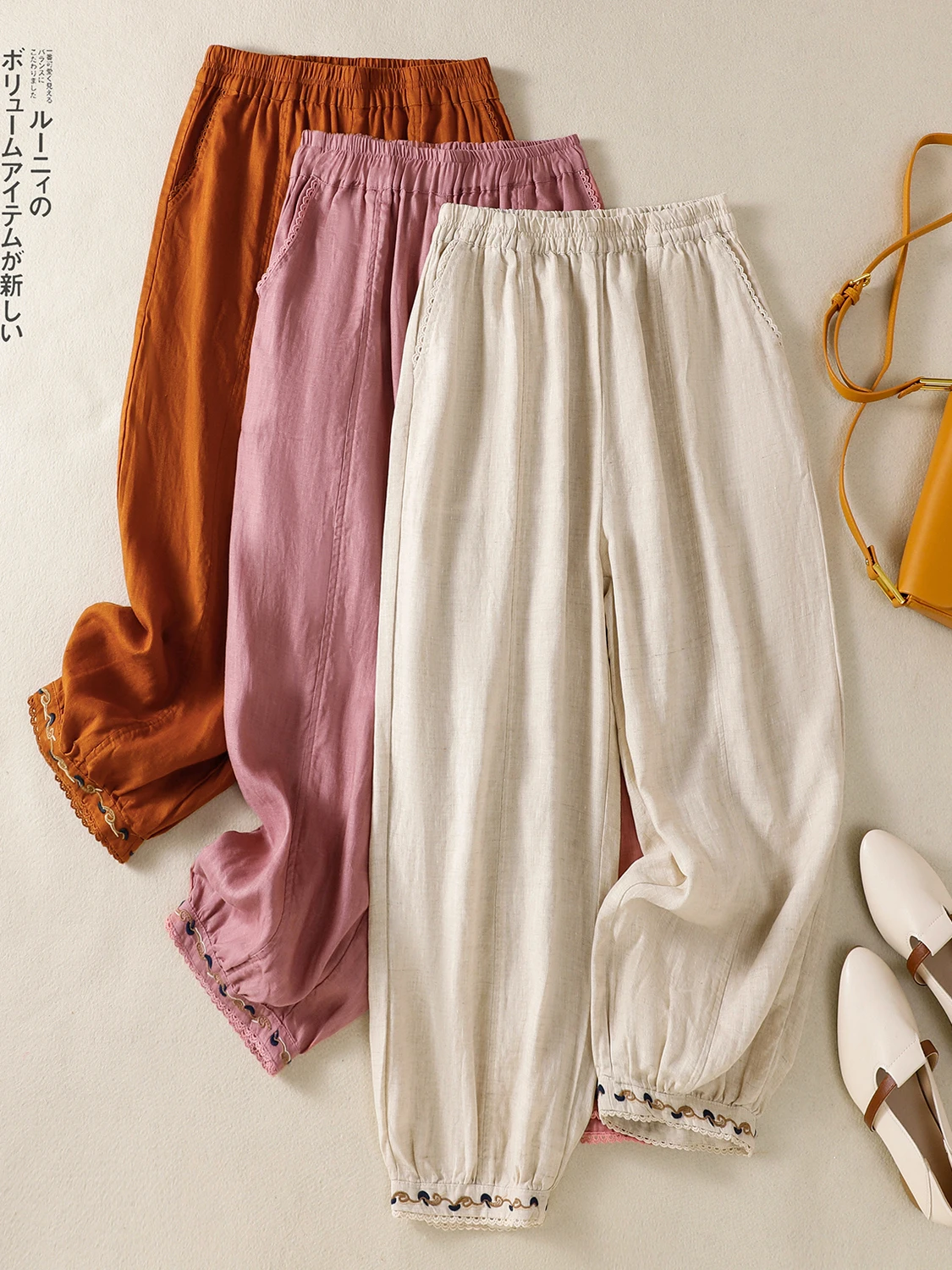 

Retro Embroidered Cotton Linen Harlan Pants Women Summer Thin Loose Casual Slimming Nine-Point Linen Trousers Commute Sle