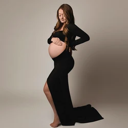 Maternity Dresses Photoshoot Square Neck Long Sleeved Side Split With Train Cut Out Backless Pregnancy Clothes Photography