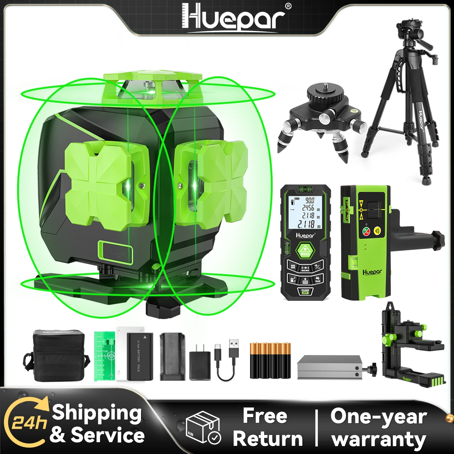 Huepar S04CG-LC Set 16 Lines Laser Level With Detector Tripod 4D Self-leveling Cross Line Green Level Tiling Floor Laser Tools