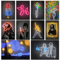 Neon Effect Wall Art Poster Balloon Girl Monroe Mona Lisa Van Gogh Starry Night Mural Modern Home Decor Canvas Pictures Prints