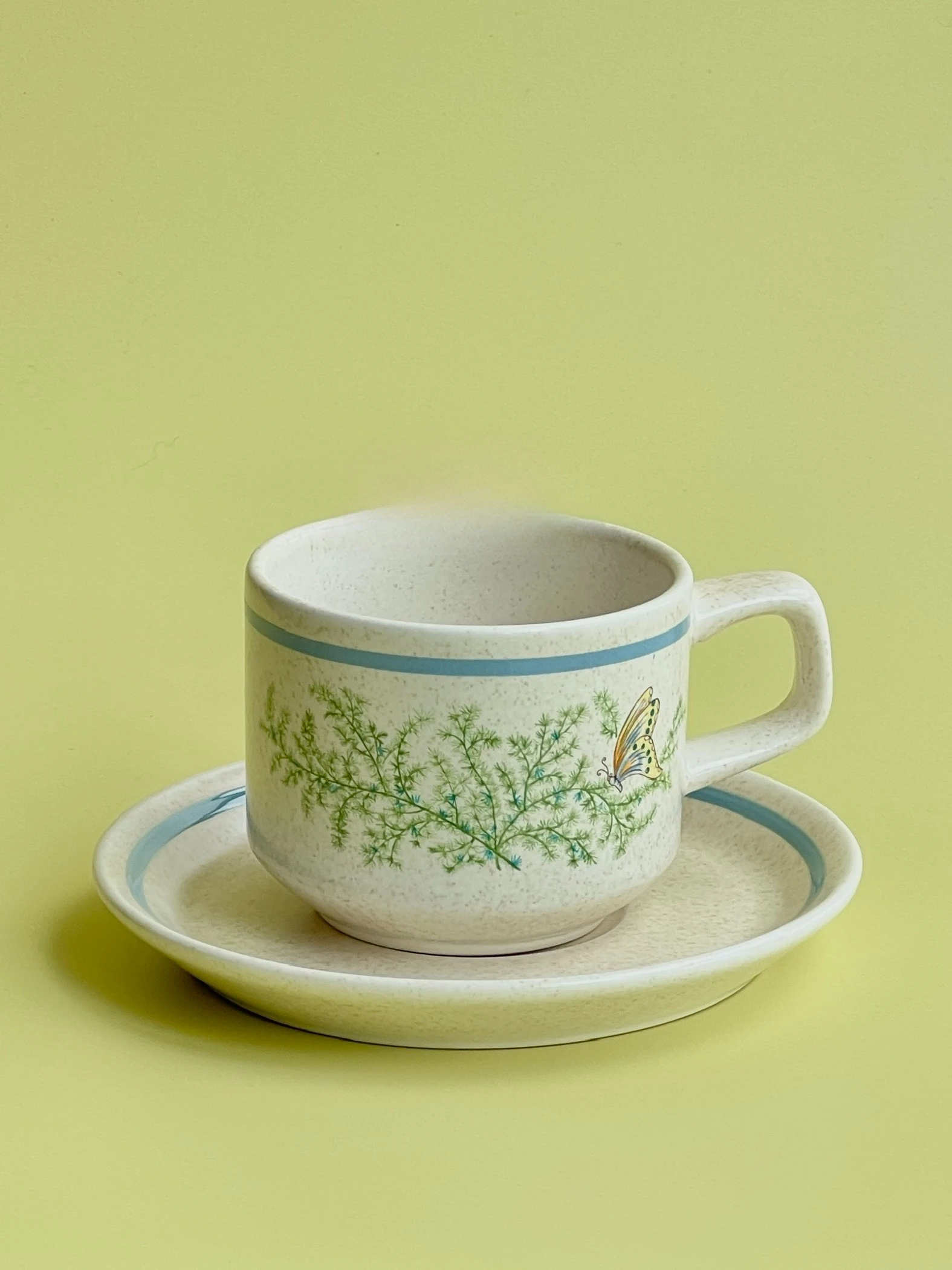 Medieval coffee cups and saucers, green plants and butterflies, medieval cups