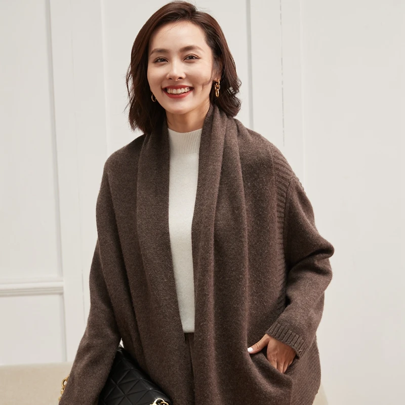 New autumn and winter women's collar off shoulder pure cashmere cardigan jacket, knitted shawl, simple cape, loose multifunction