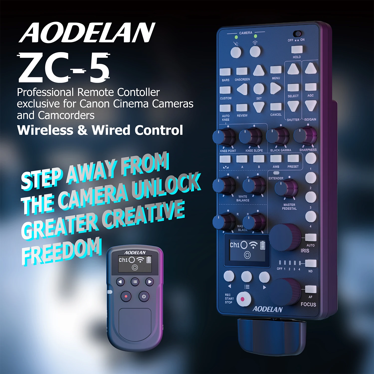 ZC-5 650FT Wireless Multifunctional Remote Controller for Canon IRIS FOCUS ZOOM ISO OSD ND adjust, Replace Canon RC-V100