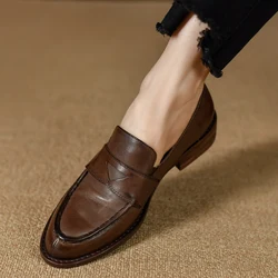 Genuine Leather Cowhide Women Flat Shoes Lazy Slip-On Solid Loafers Lady Casual Walk Shoes Woman Shoes Spring Daily Loafers