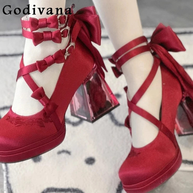 حذاء نسائي حلو بكعب عالٍ حذاء لوليتا أصلي بكعب عالٍ حذاء أنيق للسيدات للربيع والصيف بتصميم فيونكة حذاء ماري جين كوس