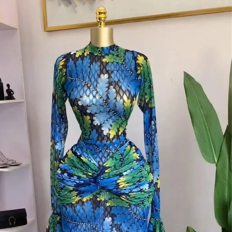 

Women Full Sleeve Leaf Print Stacked Bodycon Long Dress 2025 Fall Evening Birthday Night Party Vestidos Sexy Dresses