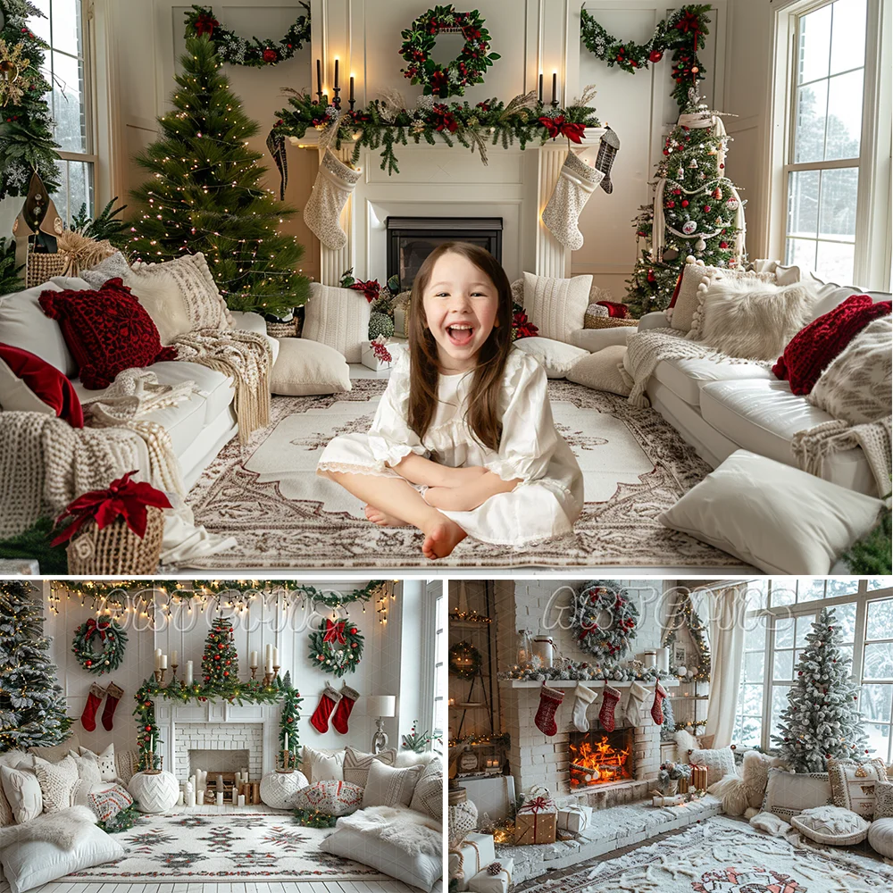 White Christmas Themed Photography Backdrop Fireplace Wreaths Stockings Gifts Blanket Pillows Background Photo Studio Photocall