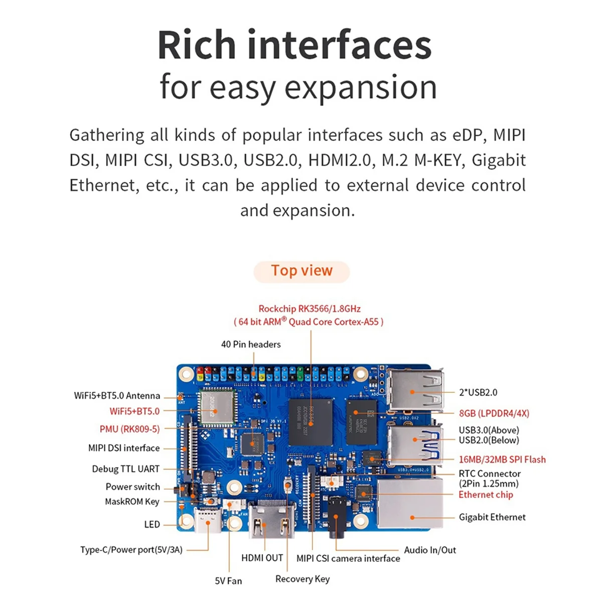 For Orange Pi 3B Development Board RK3566 Chip Quad-Core 64-Bit Processor 5V 3A Power 8G +256GB EmmC with UK Plug