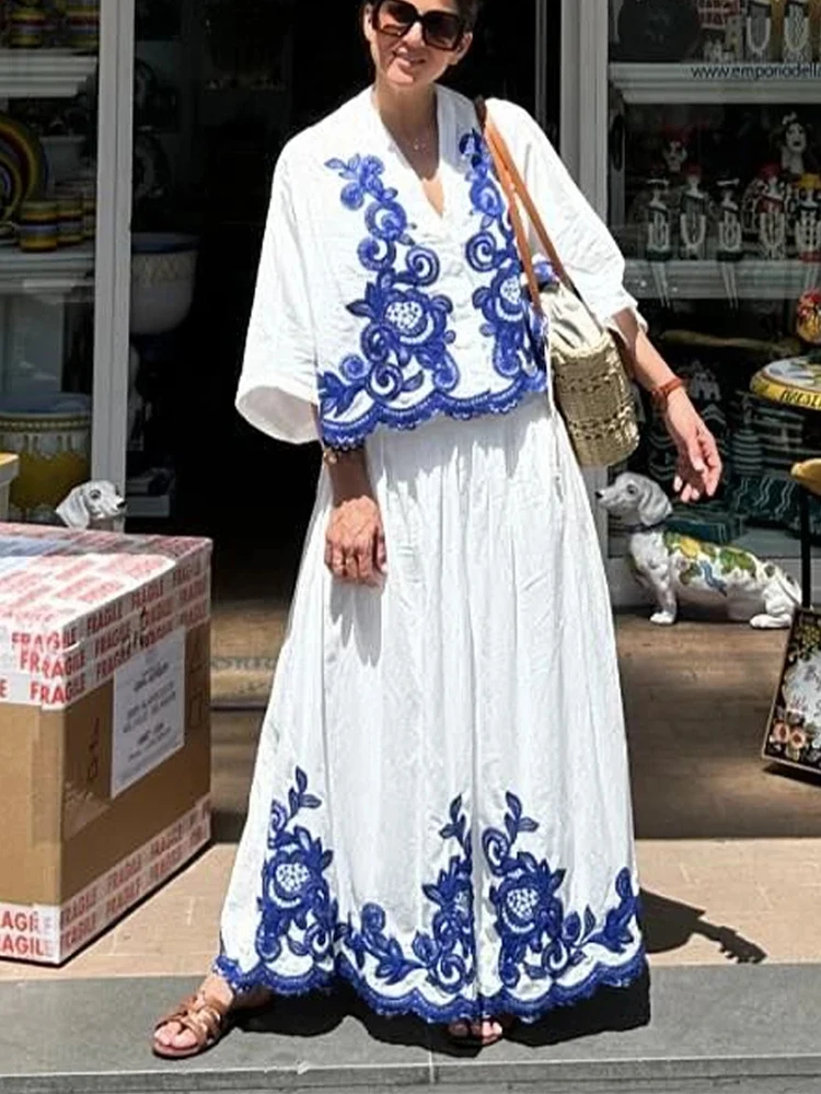 HH الأزرق التطريز ميدي تنورة مجموعات النساء 2 قطع 2024 موضة جديدة اقتصاص القمصان النسائية دعوى قطعتين مجموعة النساء الزي